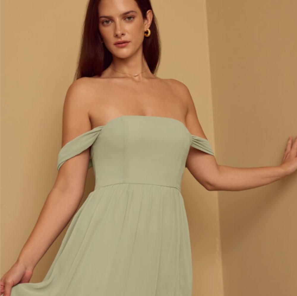 Vow'd Sage Green Brooklyn Chiffon Dress with Off Shoulder, Smocked Bodice